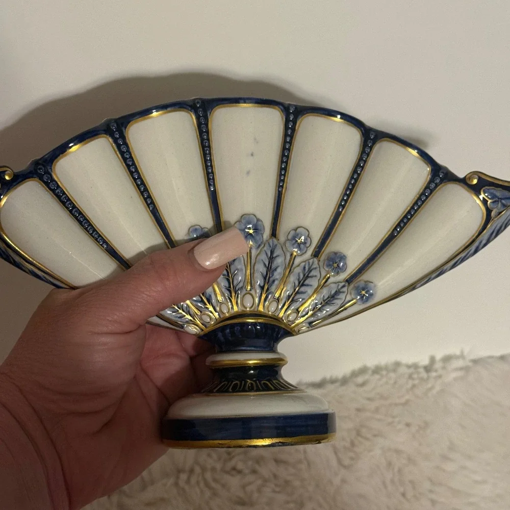 Antique Royal Worcester Fan Vase Cobalt Blue Gold Gilt Floral Porcelain